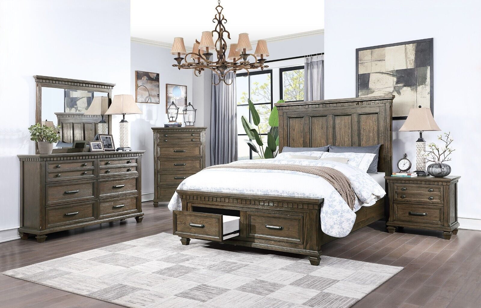 6pc Bedroom Furniture Set Antique American Traditional California King Size Bed Dresser Mirror Nightstands Chest Wooden Storage