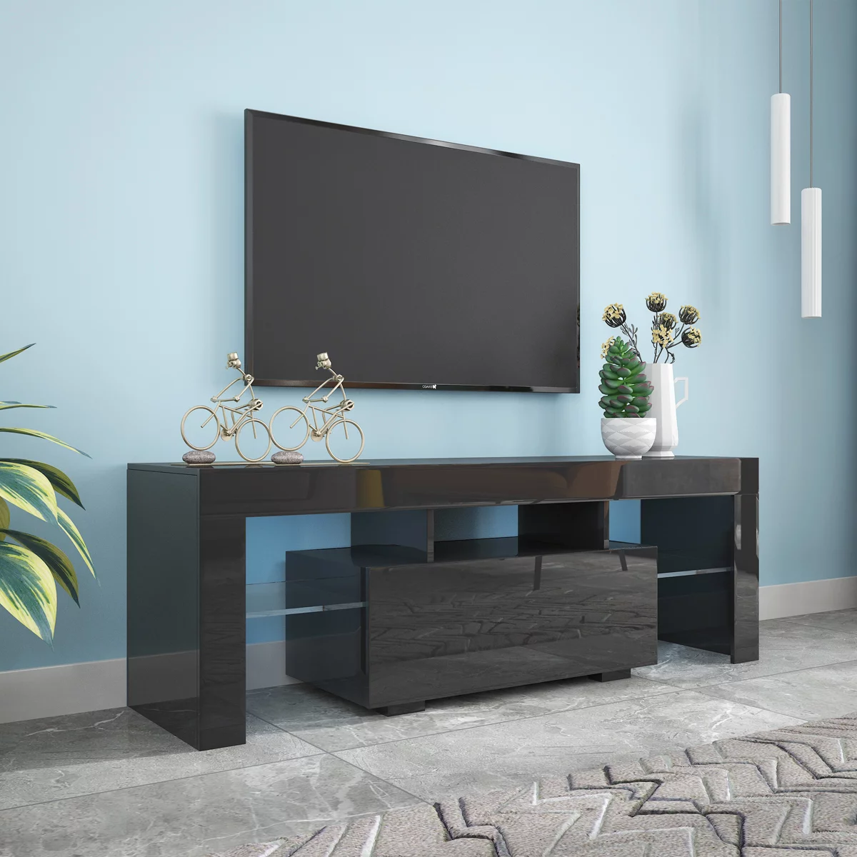 Oaks Aura Black TV Stand with LED RGB Lights, Flat Screen TV Cabinet, Gaming Consoles-in Lounge Room, Living Room and Bedroom