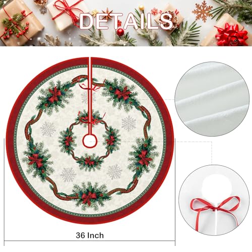 Christmas Tree Skirt 36 Inches, Ribbon Holly Pencil Tree Skirt, Winter Xmas Tree Mat for Home Party Holiday Decorations