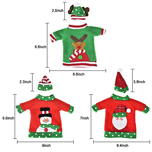 Christmas Wine Bottle Cover, Handmade Sweater Santa Claus Snowman Reindeer Wine Bottle Covers with Hat for Xmas New Year Party Table Centerpieces Decoration, Set of 3