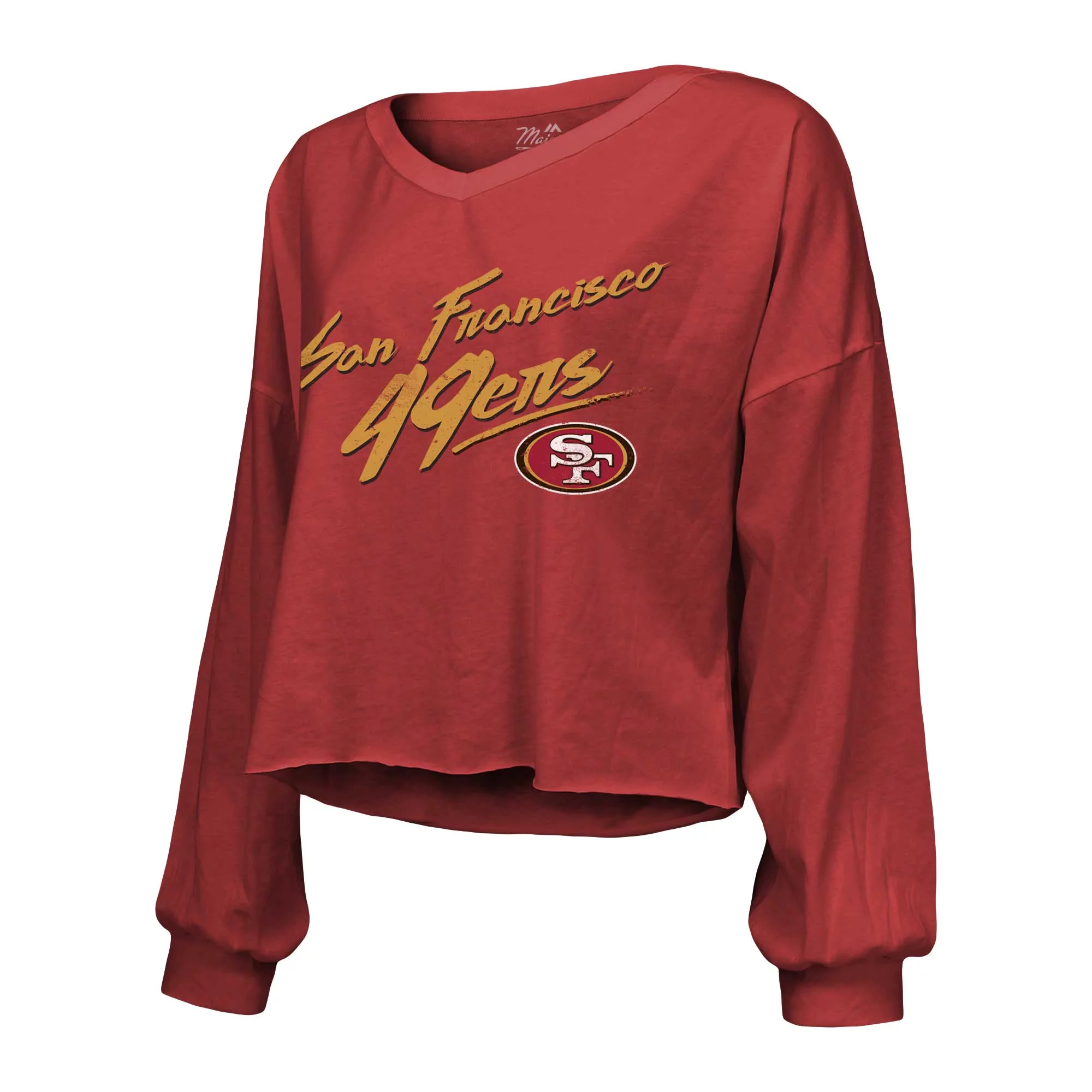 Women's Majestic Threads Christian McCaffrey Scarlet San Francisco 49ers Name & Number Off-Shoulder Script Cropped Long
