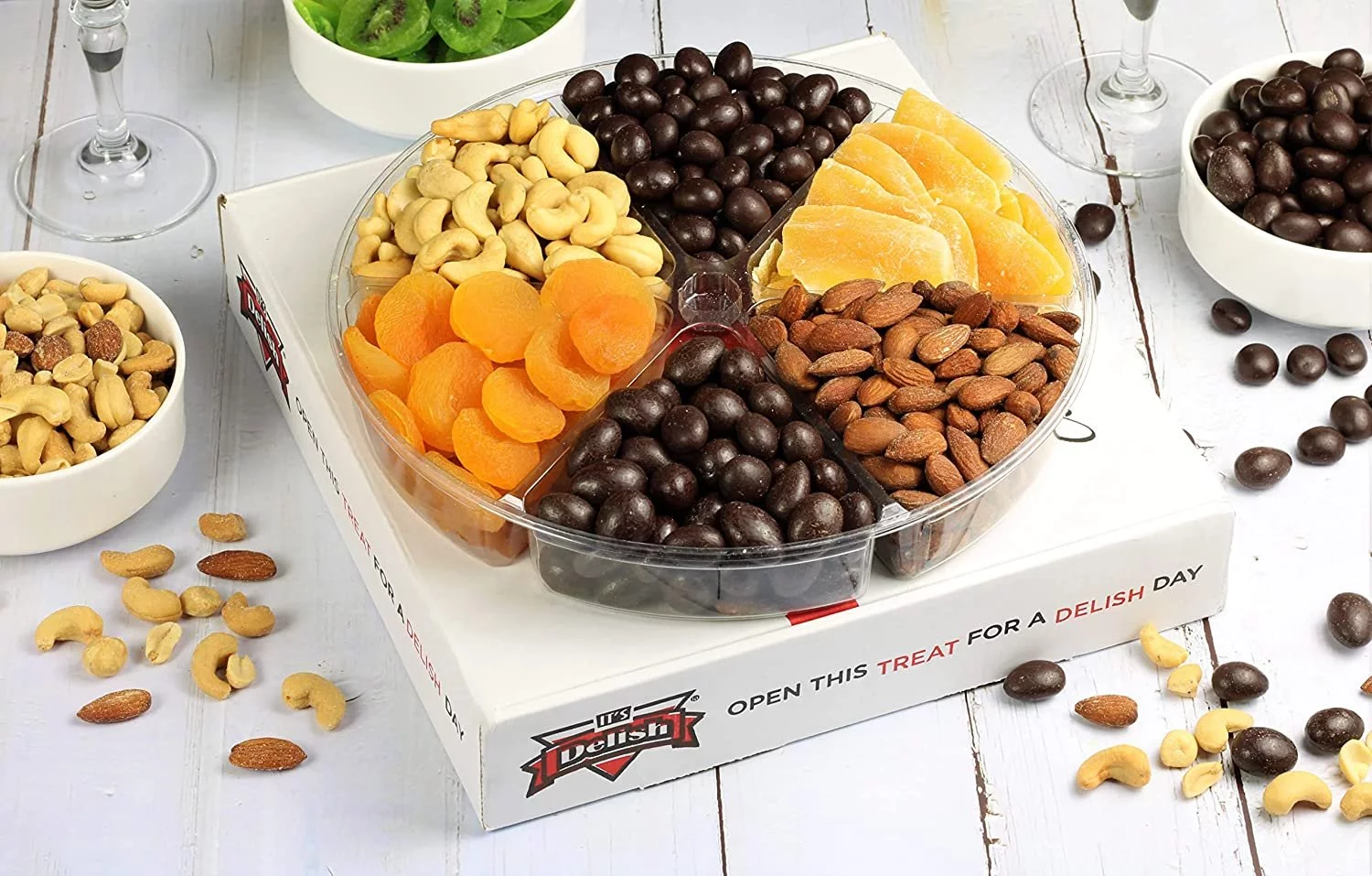 Gourmet Nuts Gift Basket - Chocolate and Dried Fruit Large Gift Tray 6-Pt by It's Delish  Valentines Fathers Mothers Day Anniversary Family Parties Birthday Gift Box - Vegan, Kosher