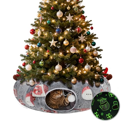 Cat Tunnel Christmas Tree Skirt, Christmas Tree Cats Tunnel Bed with Cushion&Balls,Luminous Kitty Donut Tunnels Bed for Indoor,Fluffy Plush 36