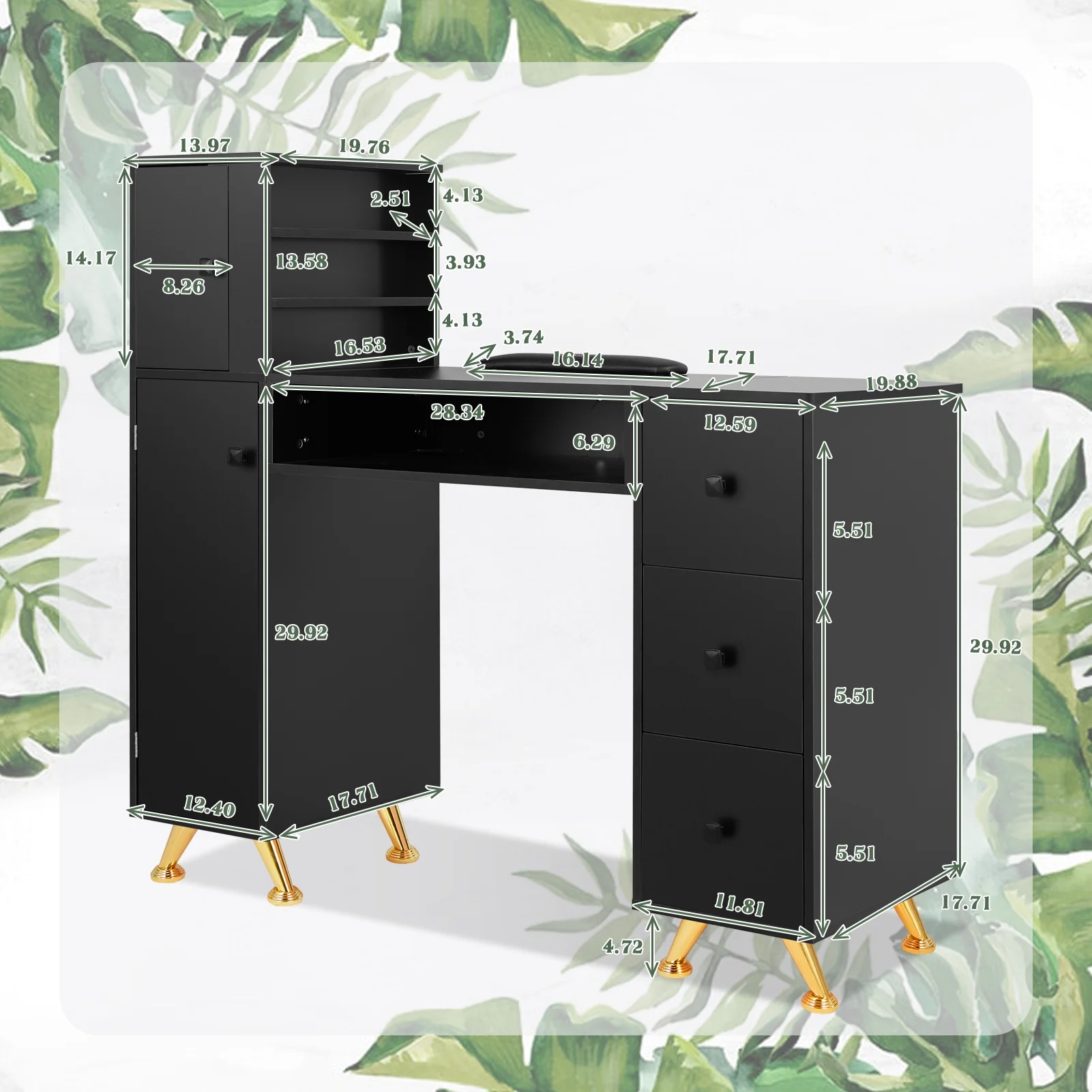 LUXMARS Manicure Table Nail Desk for Technician w/Wrist Rest & Plastic Table Mat, Acetone Resistant Nail Table Station w/Large Capacity Storage Space, for Home Spa Beauty Salon - Black