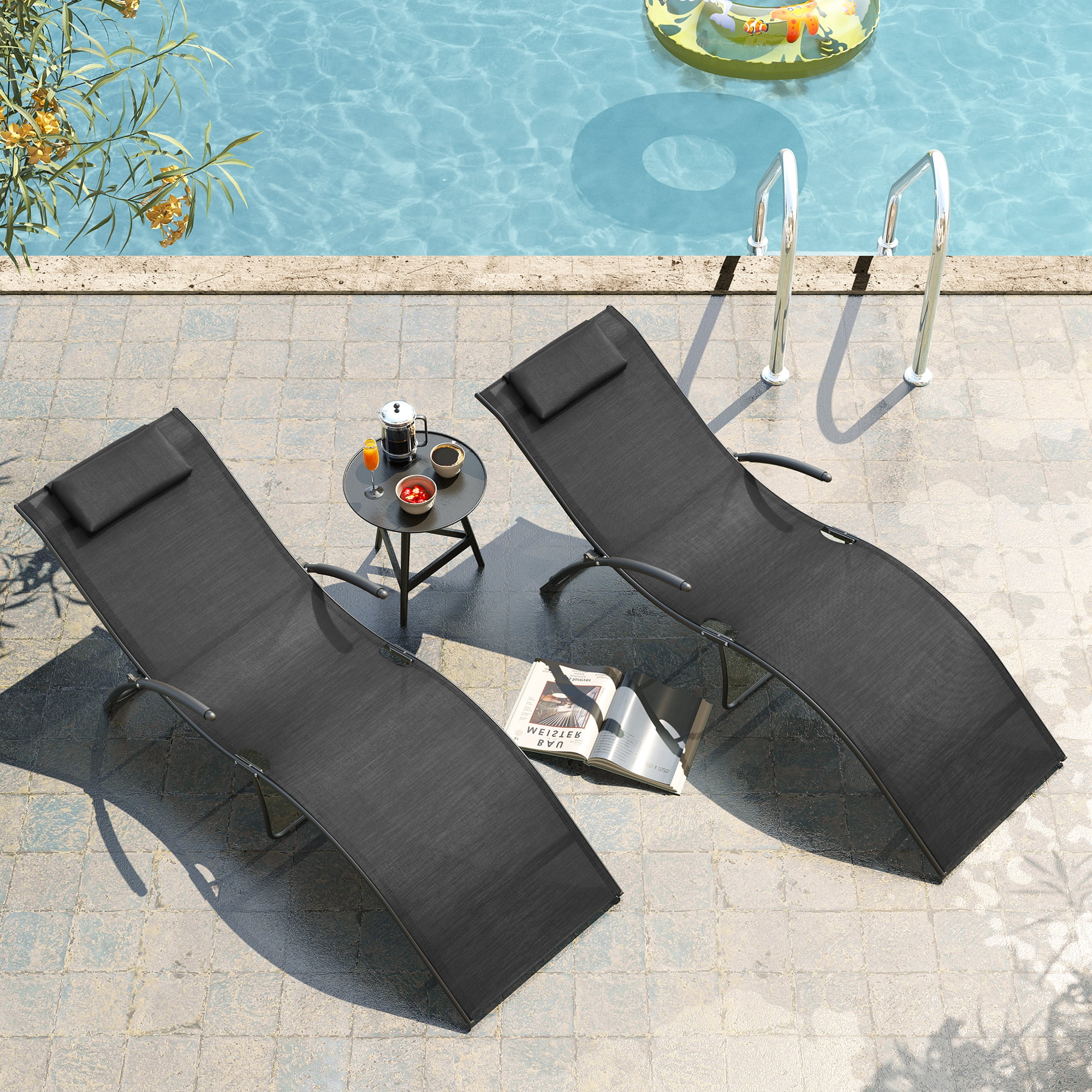 Pellebant 2 PCS Outdoor Chaise Lounge Patio Steel Pool Portable Folding Lounge Chairs, Black