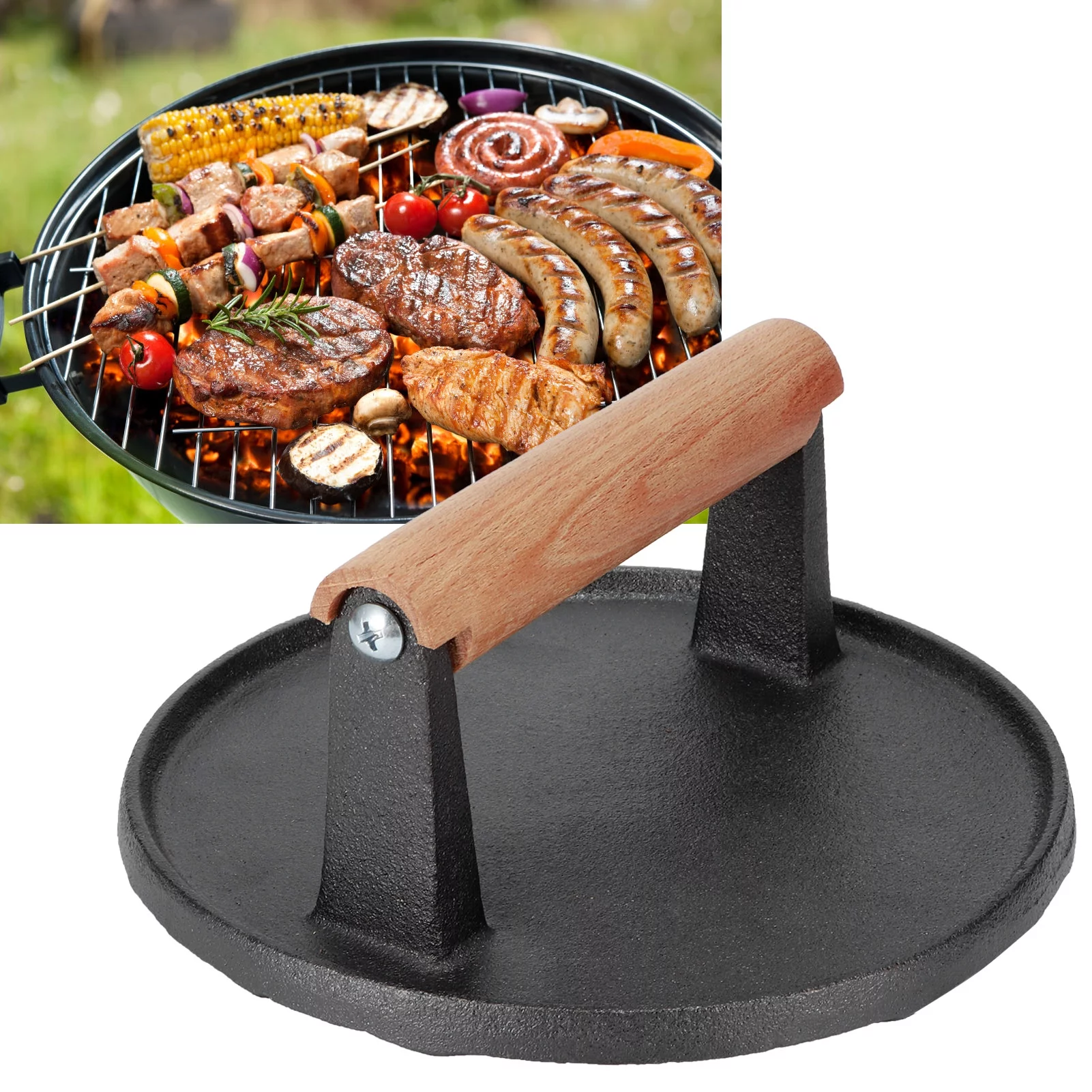 Round BBQ Tool Cast Iron Wooden Handle Steak Press Grill Roast Fried Meat Pressure Tool