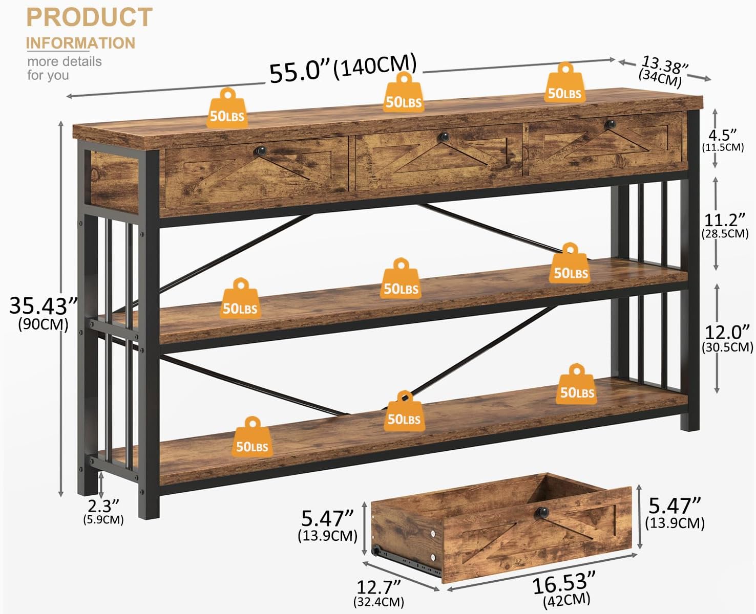 HSH Entryway Console Table with 3 Drawers, Wood Metal 3 Tier Sofa Table with Storage Shelf for Hallway, Farmhouse Industrial Entry Tables Behind Couch for Living Room Kitchen, Rustic Brown, 55 inch