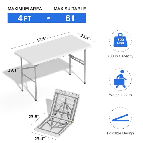 Foldable Table 6ft, Plastic Folding Table, Portable Heavy Duty Dining Table with Lock Function & Carrying Handle, Outdoor Indoor Foldable White Table for Camping Party Picnic