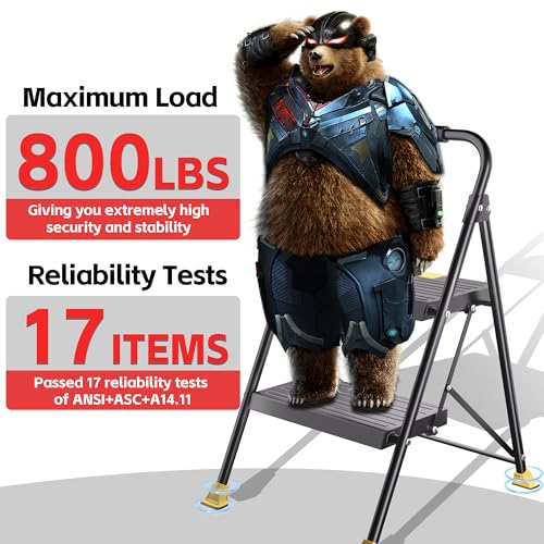 Step Ladder Foldable Folding Stool - for Home Adults Kitchen 3 Stepping Extension Tall Heavy Duty with Handrails - Closet Stepstool Stair Ladders Extendable Stepladder for Indoor House 800Lbs