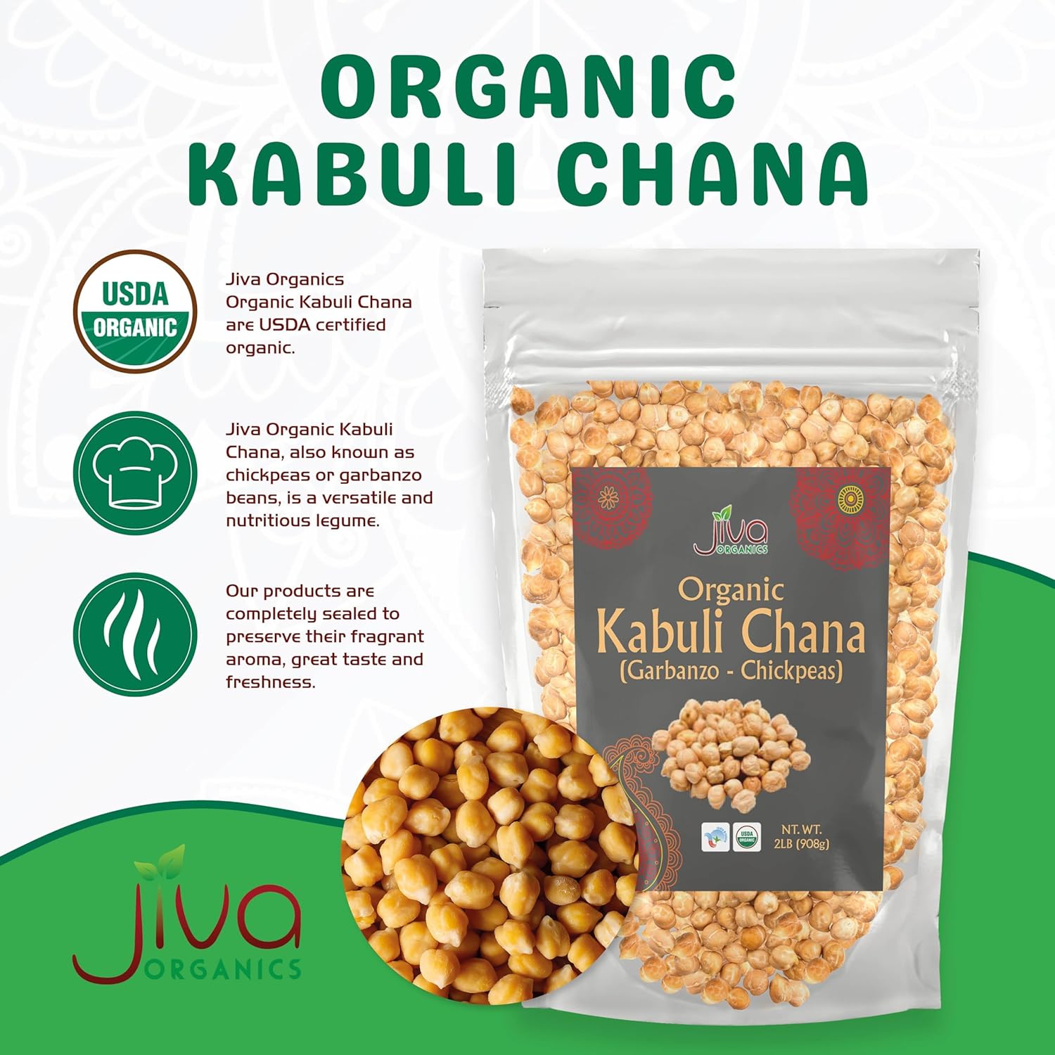 Jiva Organics Raw Chickpeas (Whole Garbanzo Beans) 2 LB Bag - Gluten Free, Non GMO, Vegan