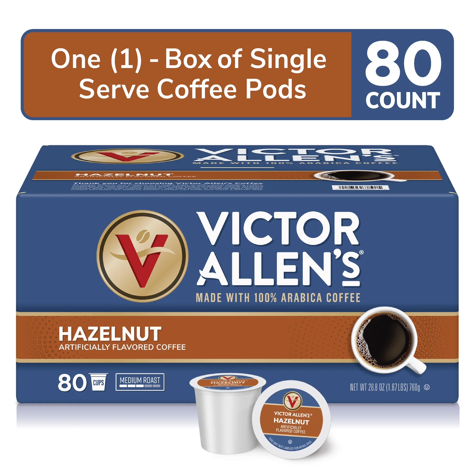 Victor Allen's Coffee Hazelnut, Medium Roast, 80 count, Single Serve Coffee Pods for Keurig K-Cup Brewers