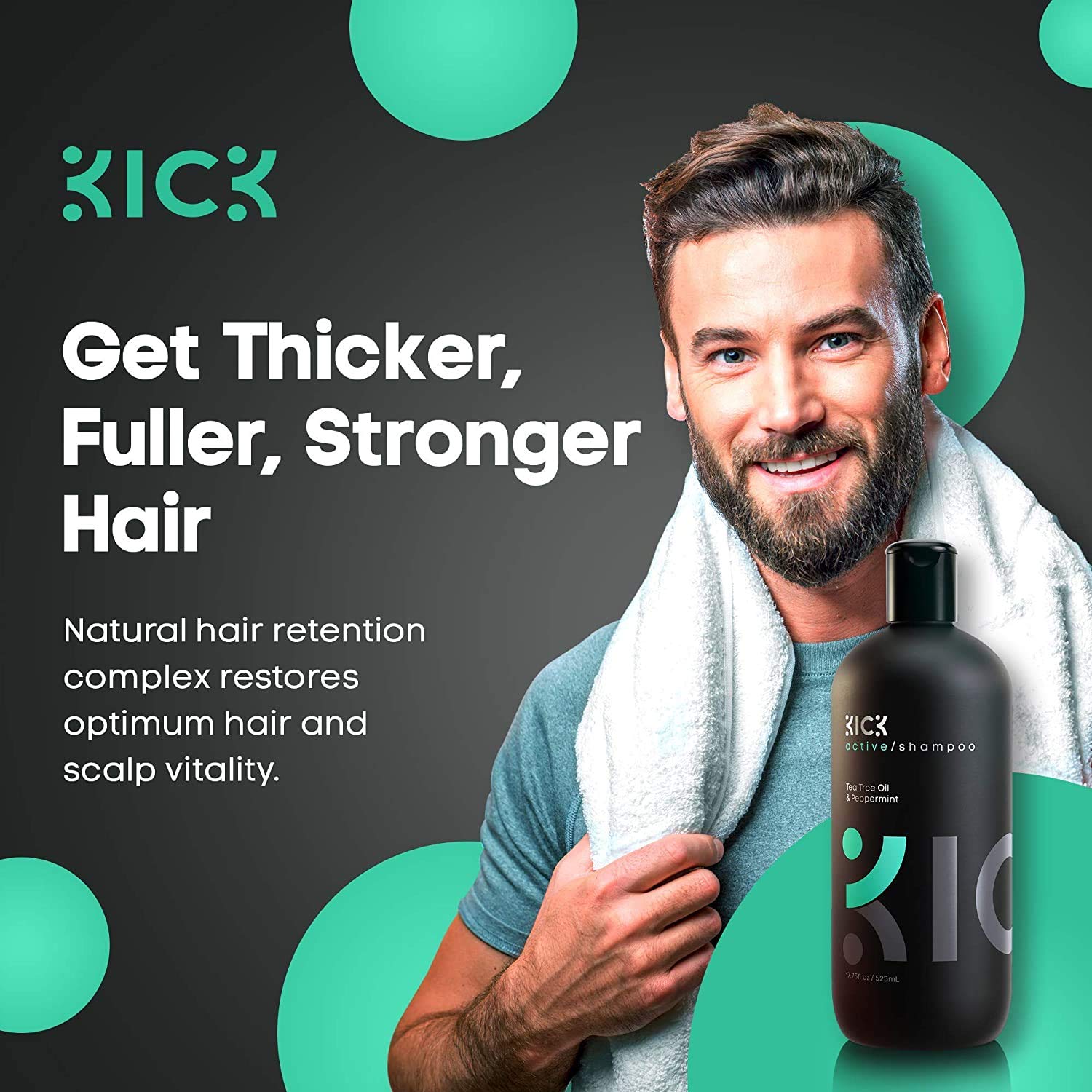 Kick Mens Shampoo - Sulfate Free Shampoo - Peppermint and Tea Tree Oil Shampoo - Anti Hair Loss Shampoo - Dry Scalp Shampoo for Thinning Hair - Natural Anti Dandruff Shampoo for Men - 509 ml - 17oz