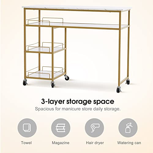 BarberPub Multifunctional Nail Table with Rolling Wheels, Spa Beauty Manicure Desk, Modern Simple Makeup Station 2401 (White)