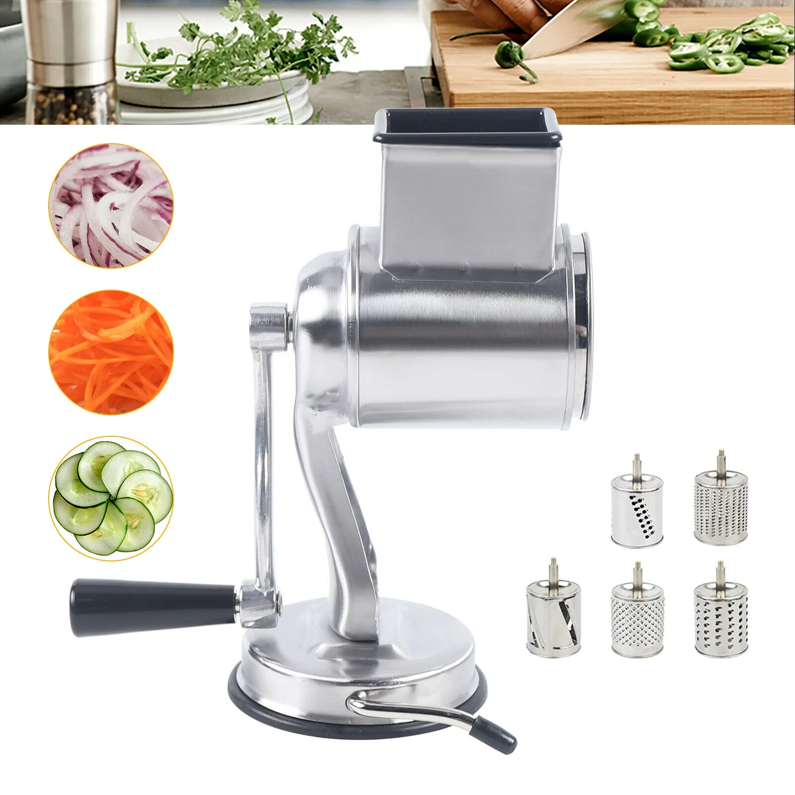 TFCFL Stainless Steel Kitchen Rotary Grater Manual Drum Grater Vegetable Cutter Nuts Mill w/ 5 Drums