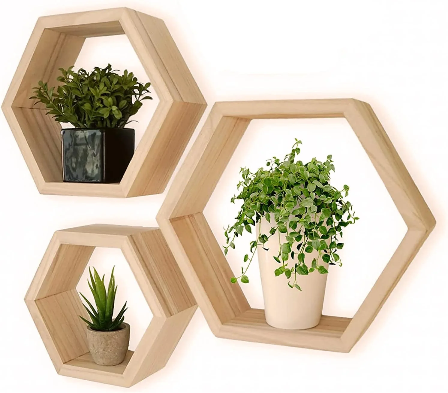 Set Of 3 Wooden Wall Mounted Hexagon Floating Shelves, Hexagon Shelves Set For Kitchen, Living Room, Bedroom, Hexagon Shelves For Decorations ( Oak)