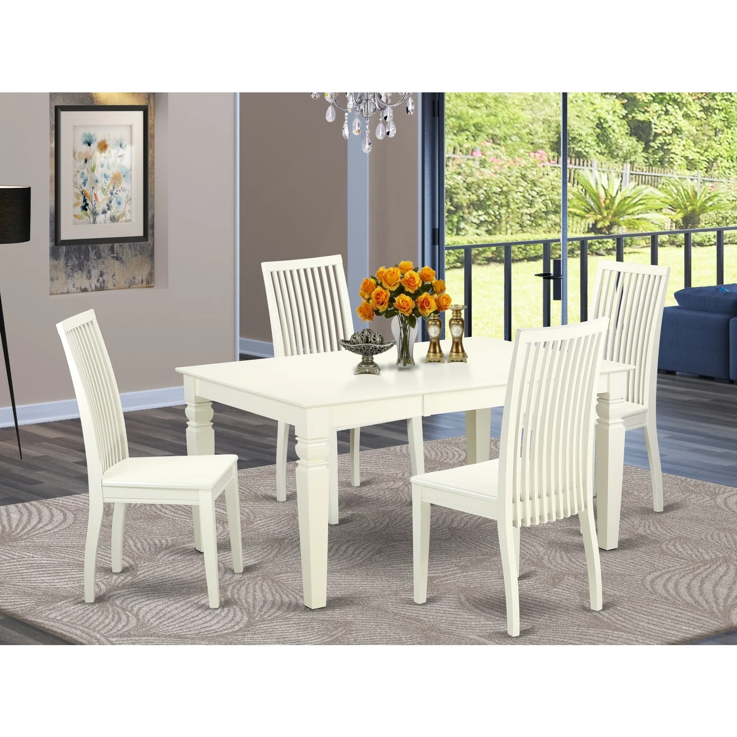 HomeStock Coastal Craftsman 5 Piece Dinette Set With One Weston Dining Room Table And 4 Solid Wood Seat Dining Area Chairs Finished In A Distinctive Linen White Color.
