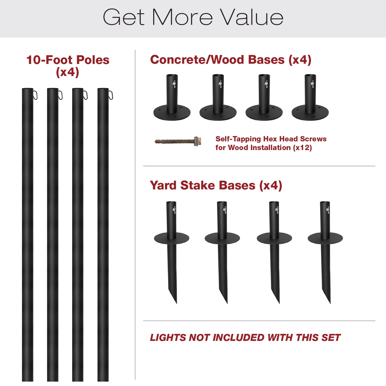 Excello Global Products Bistro String Light Poles - 4 Pack - Extends to 10 Feet - Universal Mounting Options Included - EGP-HD-0361