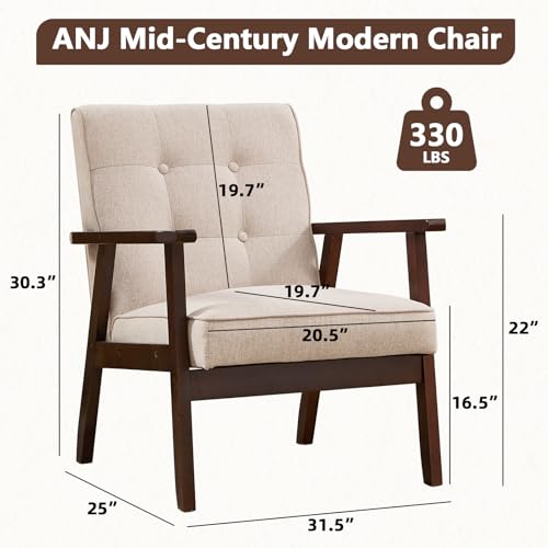 ANJ Mid Century Modern Accent Chair, Tufted Fabric Upholstery, Wood Frame, Beige
