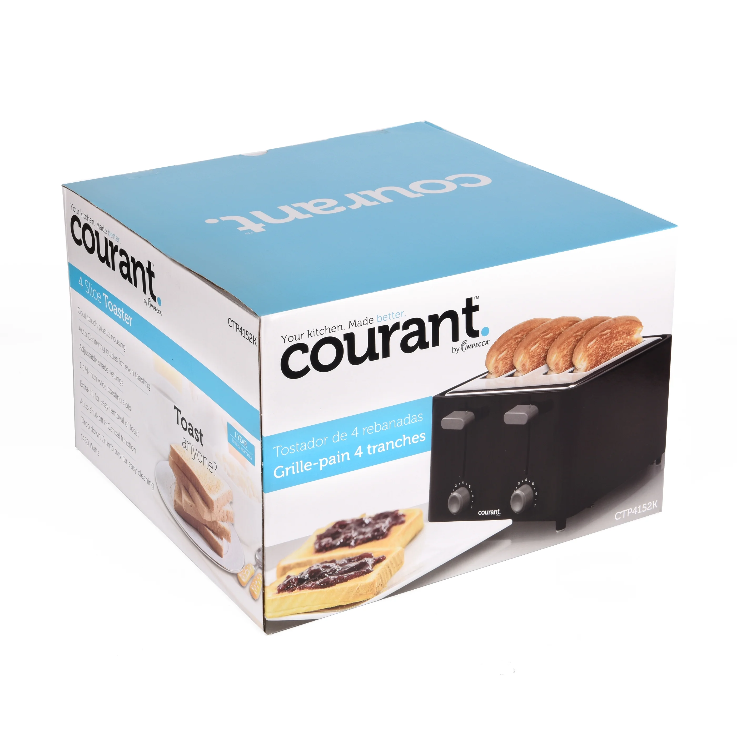 Courant 4 Slice Toaster, Stainless Steel, Cool Touch Plastic, Auto Shutoff, Black