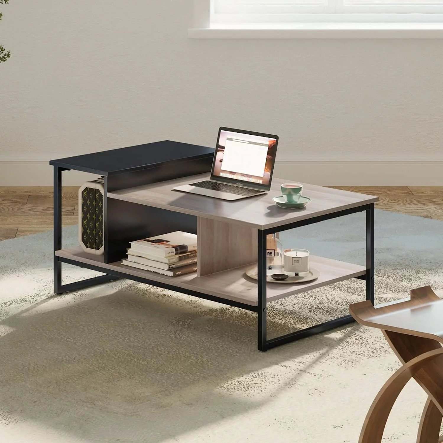 Unique Lift Top Coffee Table with 2-Level Different Heights Tabletop for Living Room Spaces, Industrial Wood Desk Coffee Table with Metal, 31.5
