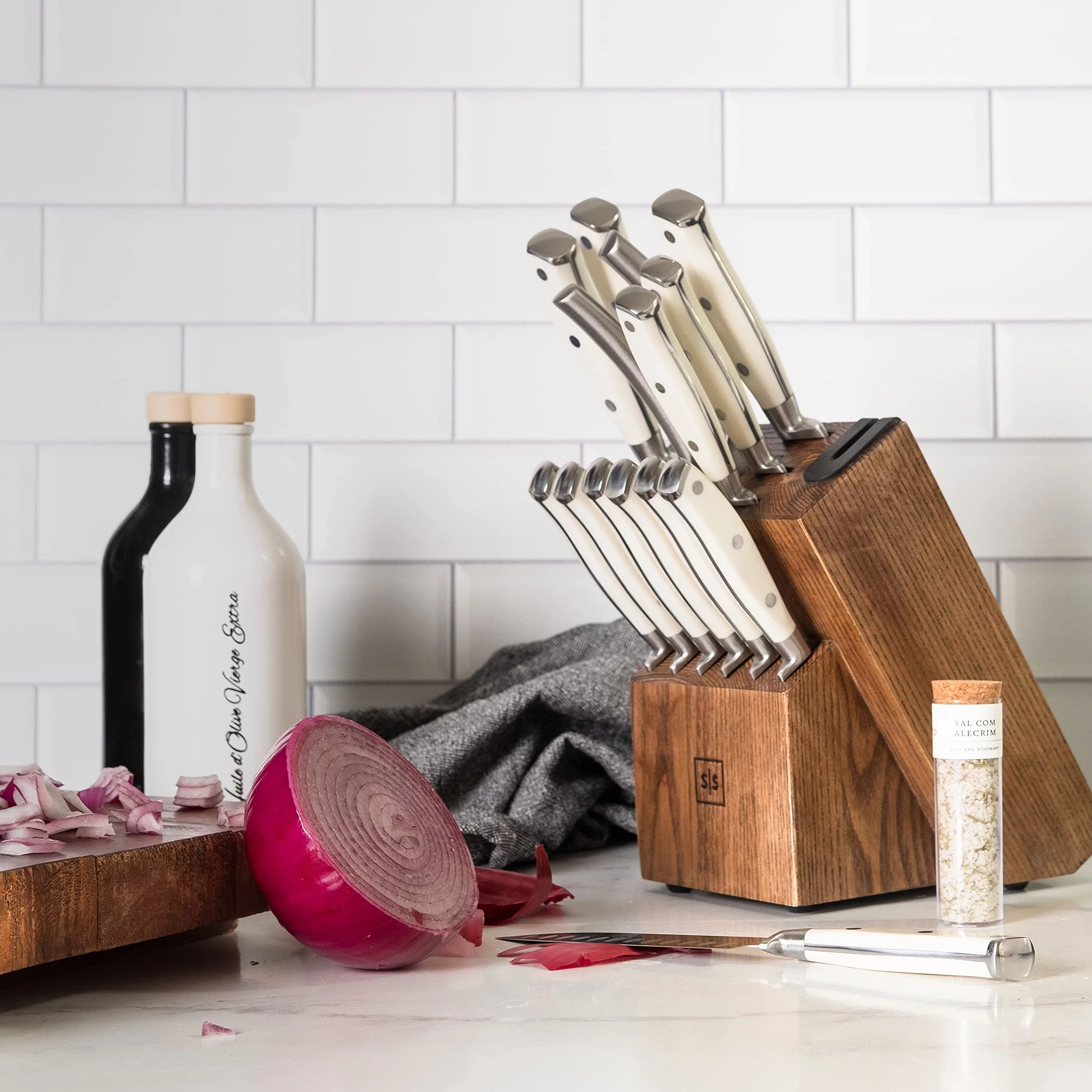 Styled Settings White Stainless Steel Knife Set with Walnut Block with Sharpener