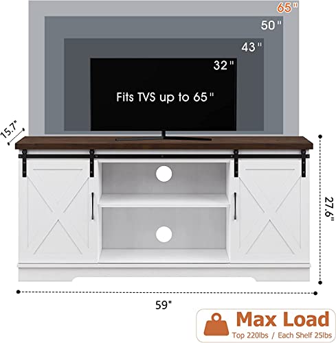 IDEALHOUSE Farmhouse TV Stand for 65 Inch TV Entertainment Center TV Media Console Table, Barn Door TV Stand with Storage and Shelves, Tall Modern TV Console Table Furniture for Living Room (White)