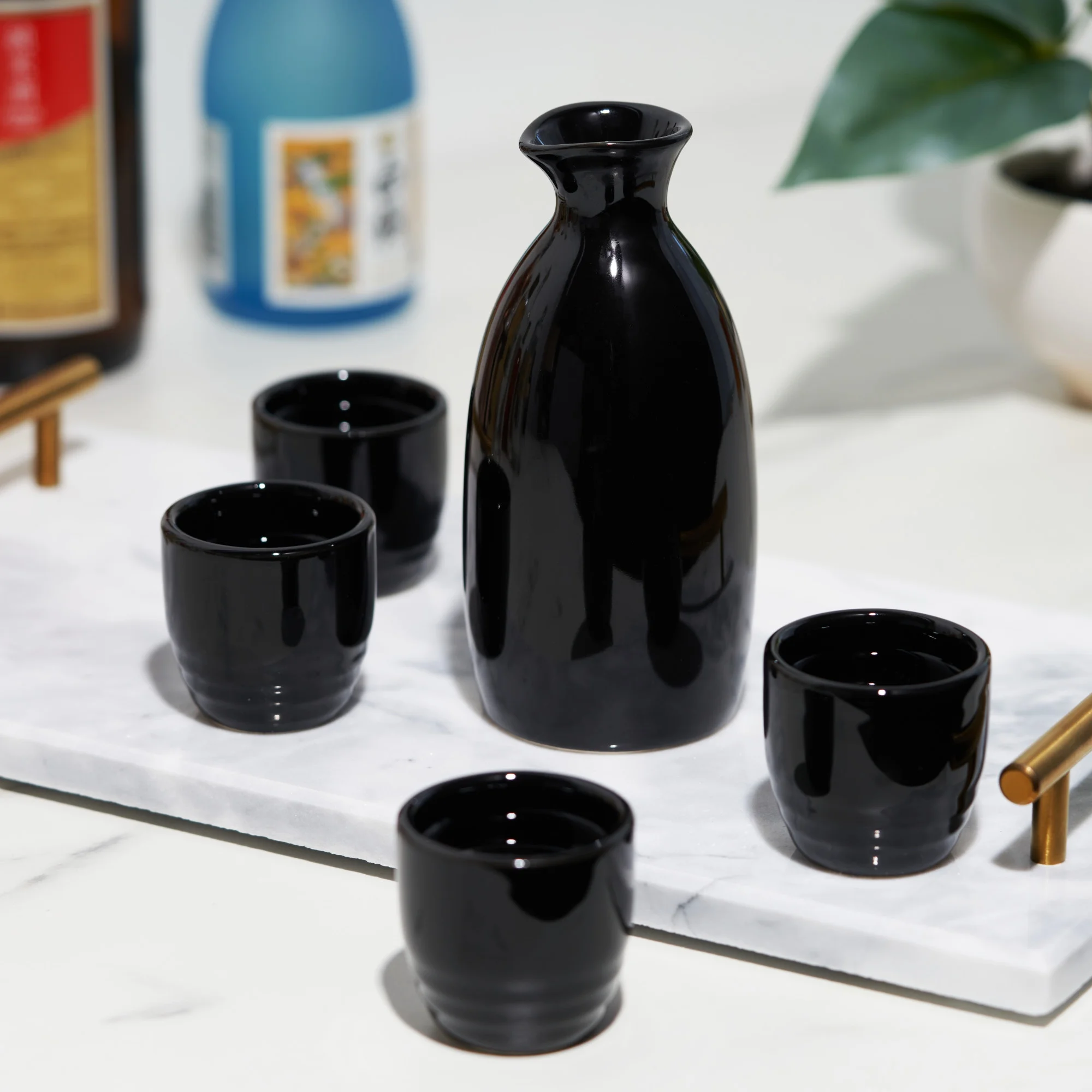 True Moga Traditional Japanese Sake Stoneware - Cups Set & Bottle Carafe, Black