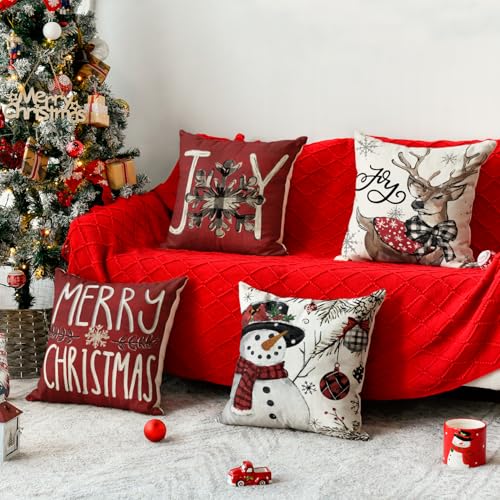 AVOIN colorlife Joy Christmas Let It Snow Snowman Reindeer Throw Pillow Covers, 18 x 18 Inch Xmas Snowflake Winter Holiday Cushion Case Decoration for Sofa Couch Set of 4