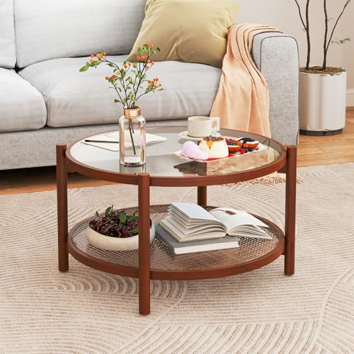 Giantex Rattan Coffee Table, Boho Round Glass Tea Table with PE Rattan Storage Shelf & Wood Frame, 2 Tier Accent Center Table for Living Room, Apartment, Small Space