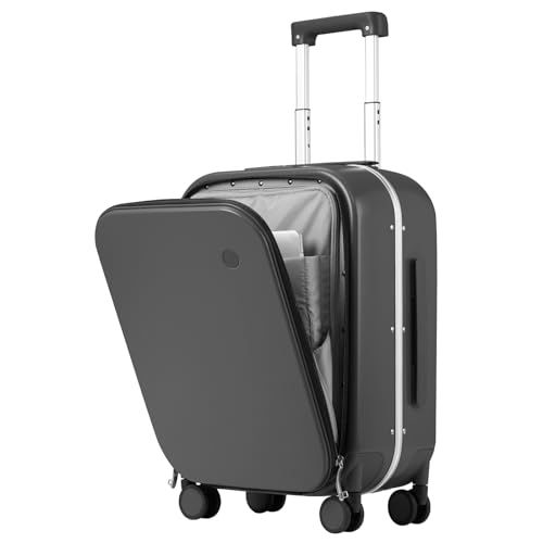 mixi Carry On Luggage, 20'' Suitcase with Front Laptop Pocket, Travel Rolling Luggage Aluminum Frame PC Hardside with Spinner Wheels & TSA Lock and Cover - Smoke White