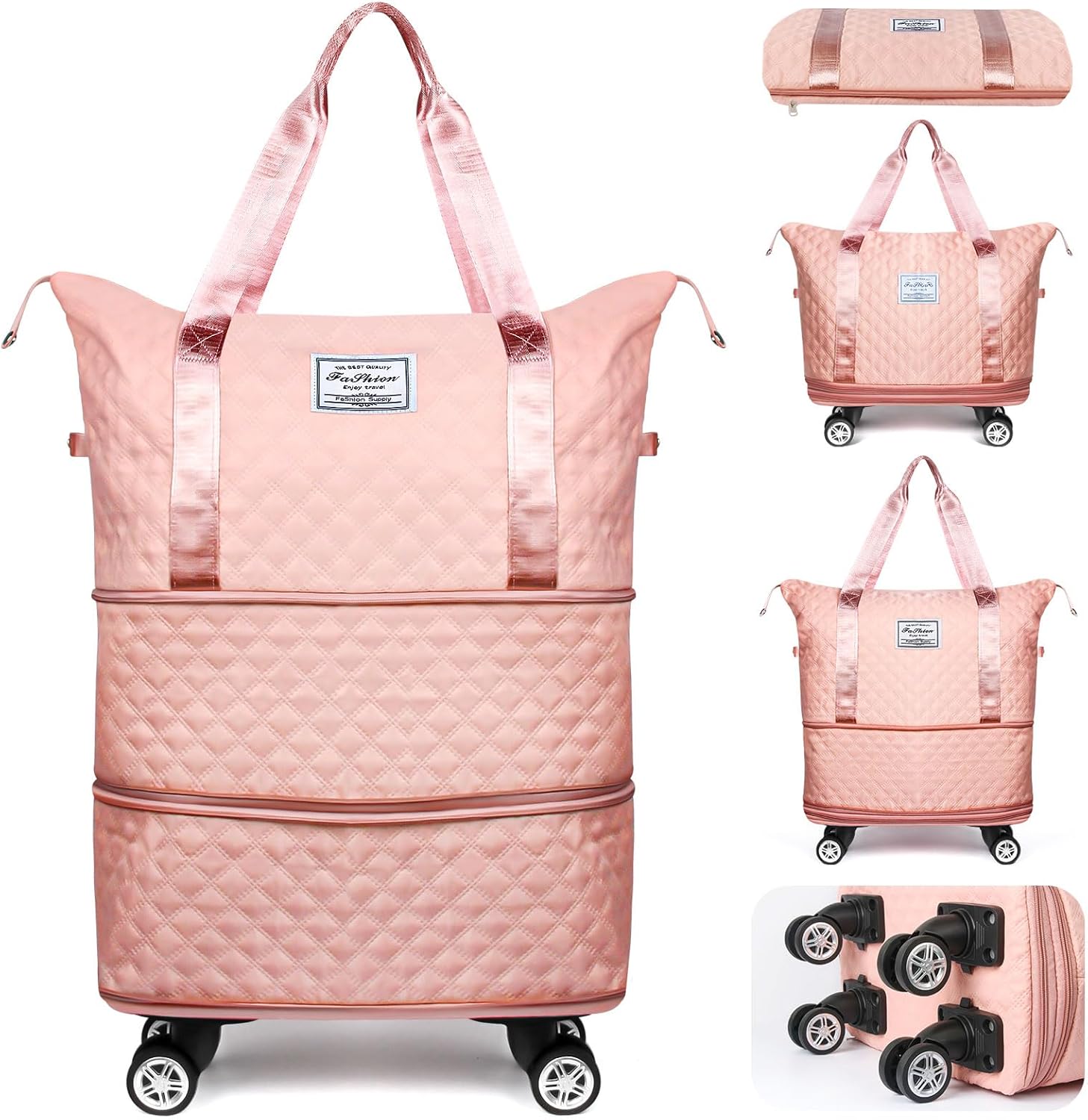 Rolling Duffle Bag with Wheels and Handle, Expandable Travel Duffel Bag Luggage Bag, Foldable Travel Bag with Wheels Rolling Carry on Duffle Bag, Large Wheeled Duffle Bag Luggage, Pink