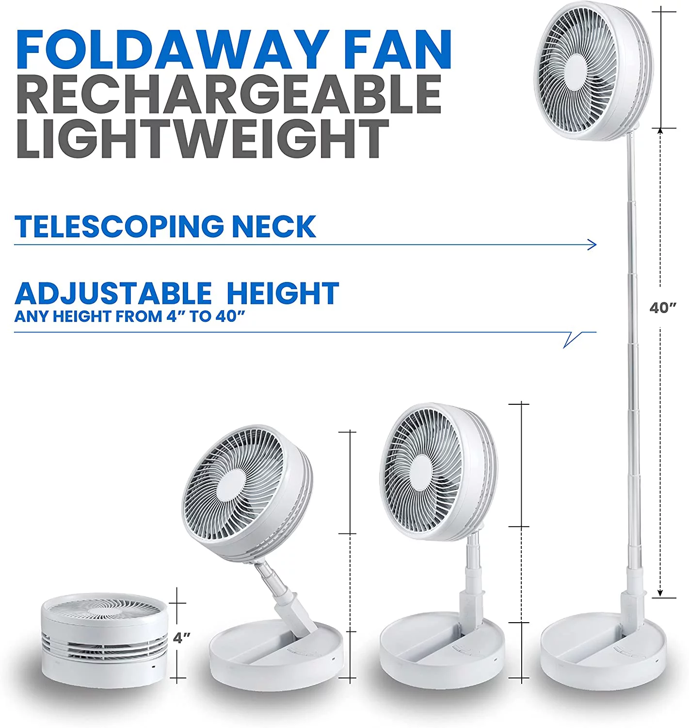 My Foldaway Fan, 2-in-1 Adjustable Height 40 in. Unique Foldable and Portable Rechargeable Floor and Table Fan 10