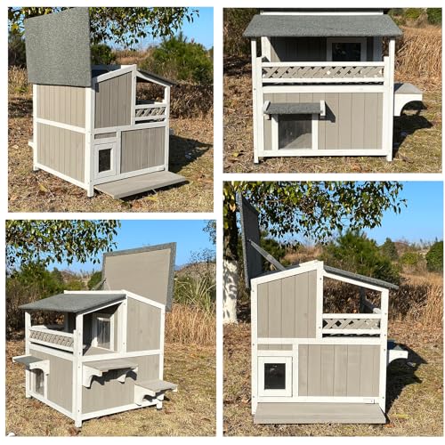 Feral Cat Shelter Outdoor Weatherproof Houses for Cats Two Story Wooden Cat House Outside Feral Cat House with Balcony Waterproof, Escape Doors