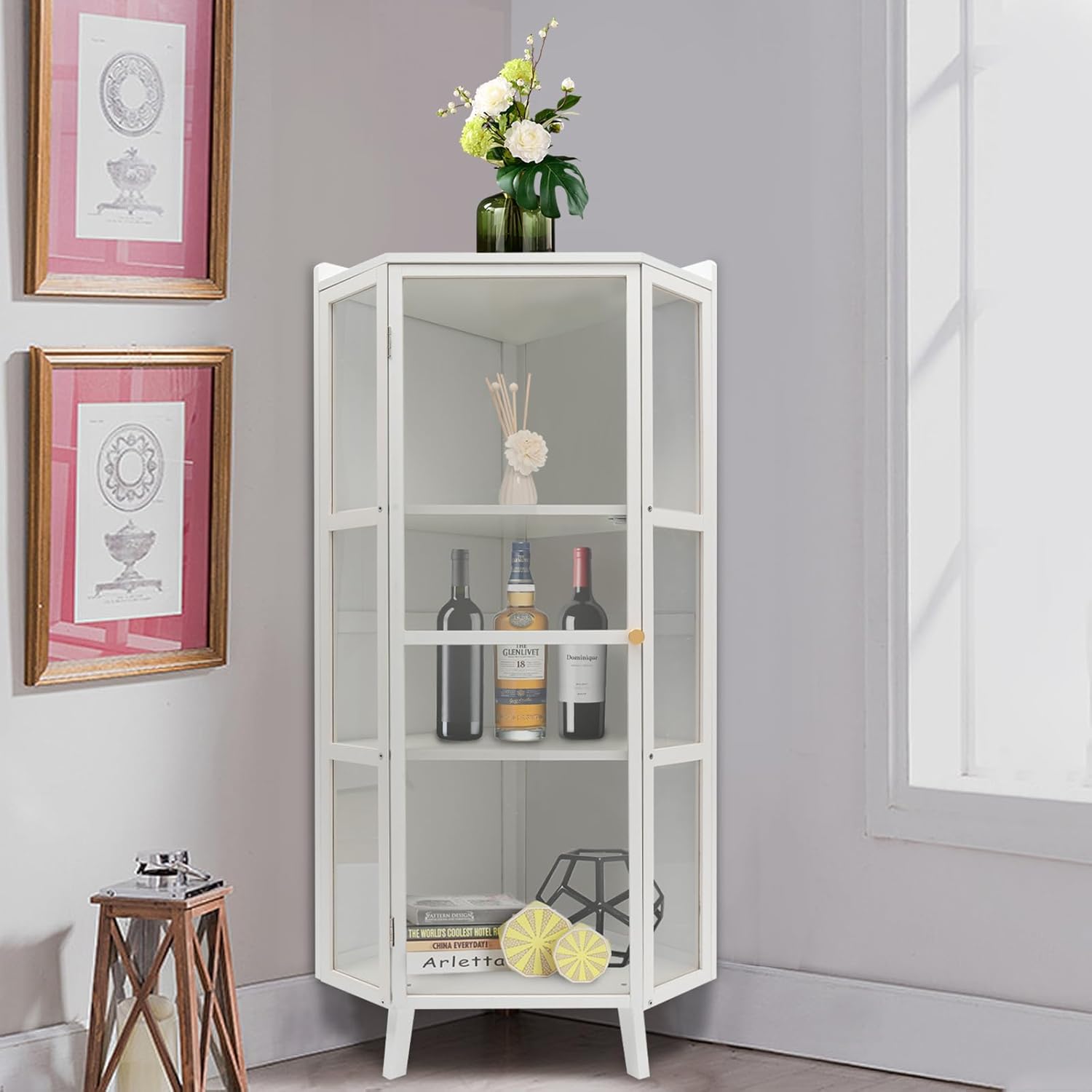 Tall Corner Storage Cabinet Modern Freestanding Corner Shelves Farmhouse 3-Tier Corner Bookshelf Stand Storage Rack with Clear Door Home Space Saver for Living Room Kitchen Bedroom Office, White