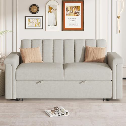3 in 1 Convertible Sleeper Sofa Bed, Versatile Double Sofa with Pullout Bed with Adjustable Backrest, Futon Couch, Loveseat Sofa, Convertible Sofa, Recliner, Bed, for Living Room,Beige