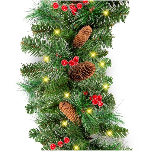 Best Choice Products 9ft Pre-Lit Holiday Pre-Decorated Christmas Garland for Stairs, Fireplace, Decoration w/PVC Tips, 50 Lights, Pine Cones, Berries - Unflocked