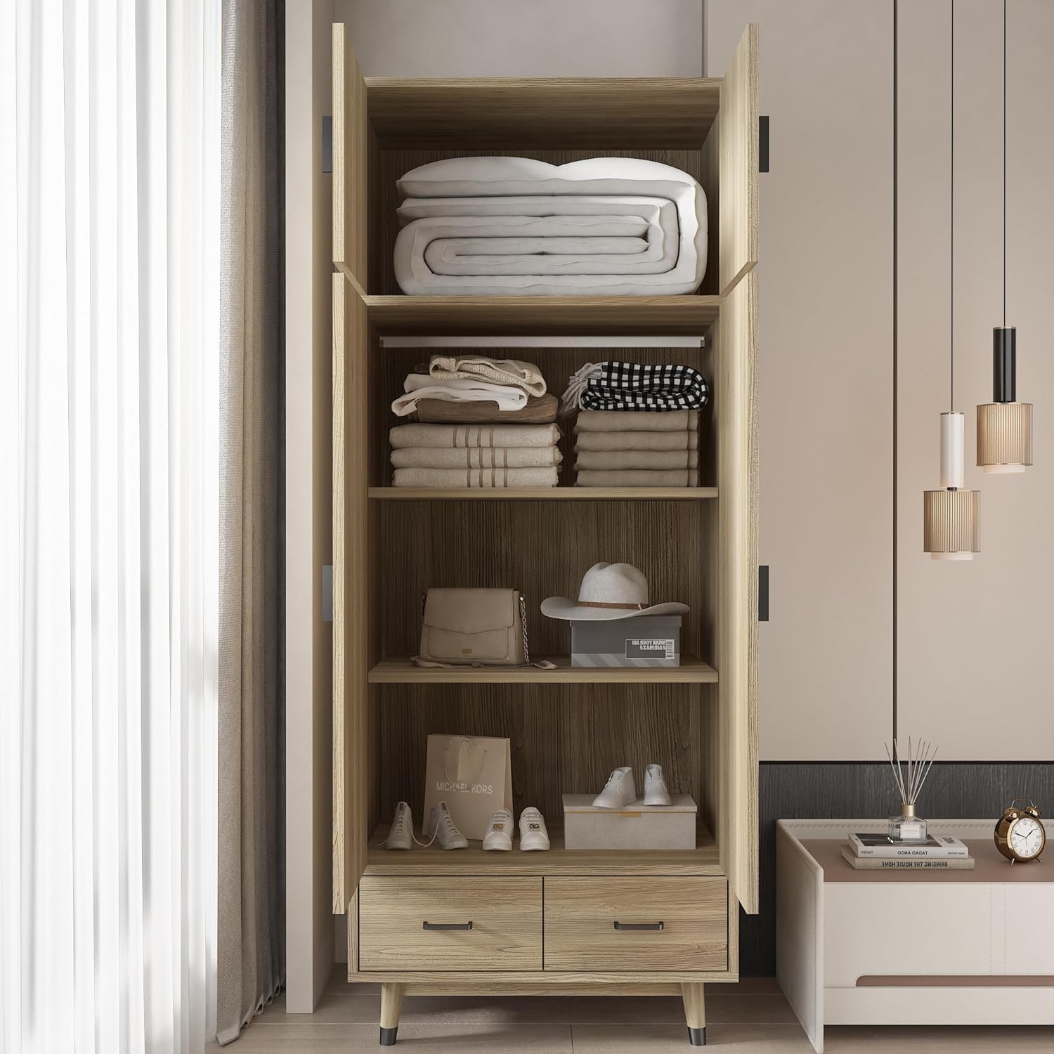 Armoire Wardrobe Closet 2-Door Storage Pantry Cabinet Modern Wood Closet with 2 Drawers, Hanging Rod, Freestanding Pantry Cabinet for Bedroom, Oak