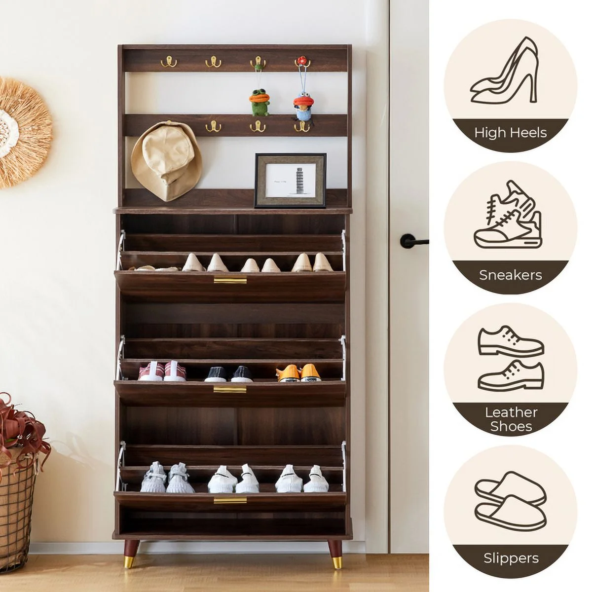 SYTHERS Hall Tree, Entryway Armoire Closet Coat Rack Freestanding with 12 Hooks & 3 Shoe Cabinets, Brown