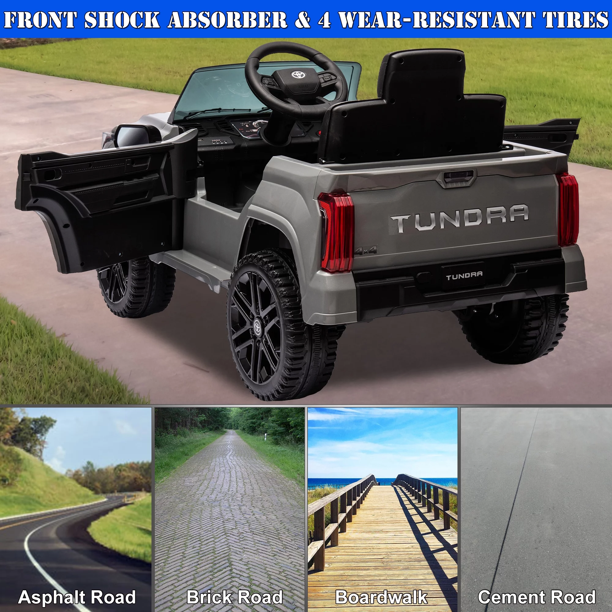 12 V Kids Ride on Car Officially Licensed Toyota Tundra Pickup, Battery Powered Toy Electric Car w/Remote Control, MP3, Bluetooth, LED Light, Ride On Toy w/3 Speeds and Suspension System, Grey