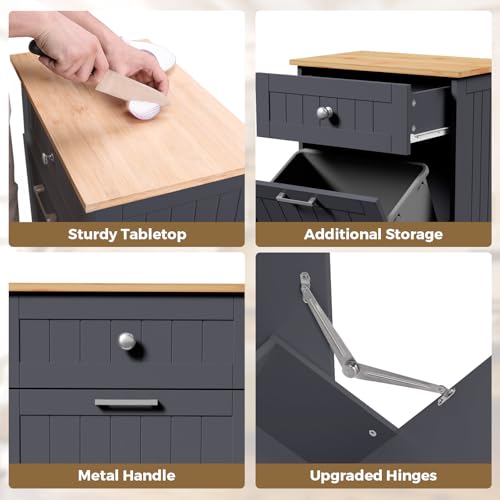 Tilt Out Trash Cabinet Kitchen Trash Can Holder Recycling Cabinet Laundry Hamper with Hideaway Drawer Wooden Bamboo Cutting Board with Added Countertop Space Keep Pets Out (White)