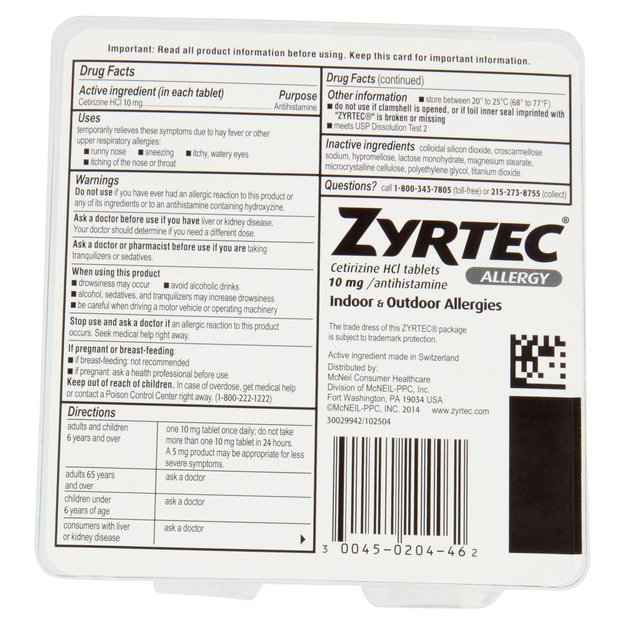 Zyrtec 24 Hour Allergy Relief Tablets, 30+10 Ct *EN