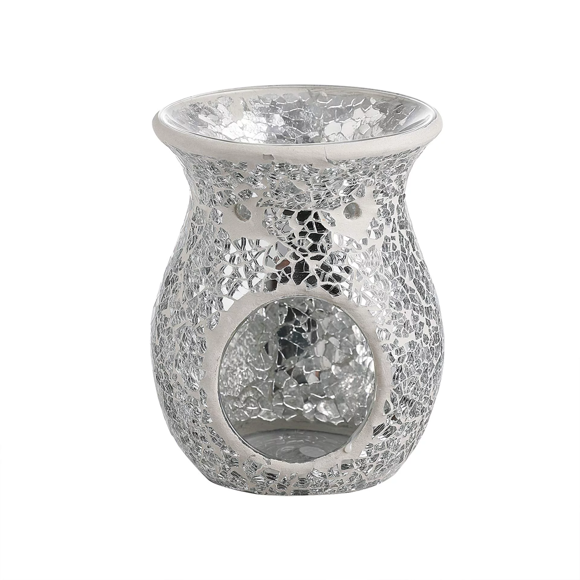 4.5X5.5 Inch Mosaic Glass Oil Burner, Fragrance Oil Burner,Tealights Wax Melt Holder for Gifts & Home Decoration (Silver)