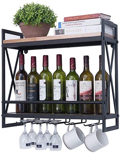 Industrial Wine Racks Wall Mounted,Hanging Wine Rack,Ic Wall Shelf with 4 Stem Glass,2-Tiers Wood Floating Shelves,Home Kitchen Decor Display Rack,Black,60X20X53Cm/Black/60 * 20 * 53Cm