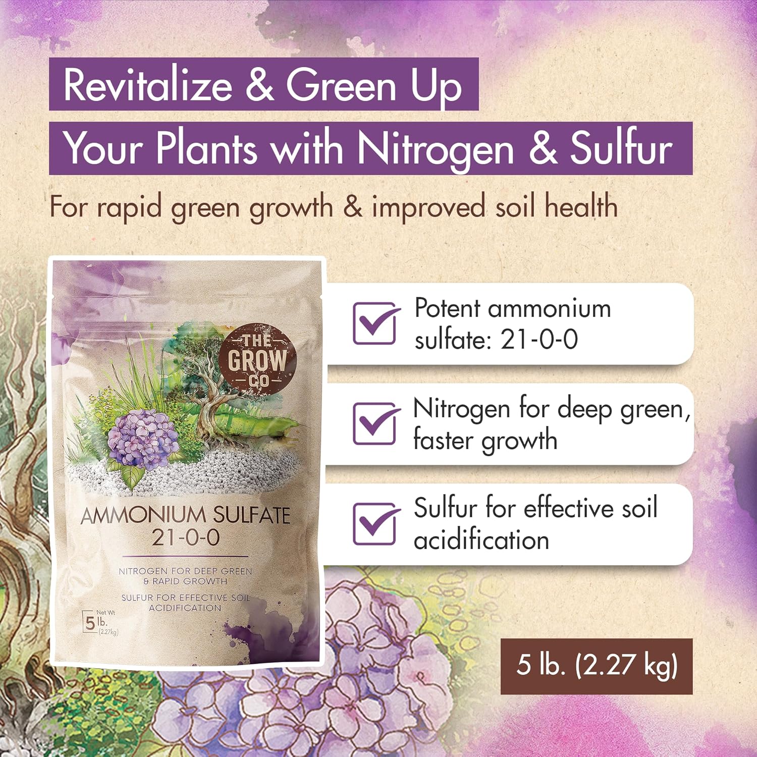 Ammonium Sulfate 21-0-0 Fertilizer, High Nitrogen Fertilizer for Plants Rapid Growth & Deep Green Color, Ideal Ammonium Sulfate Fertilizer & Soil Acidifier to Lower pH Levels in Alkaline Soil, 5 lb.