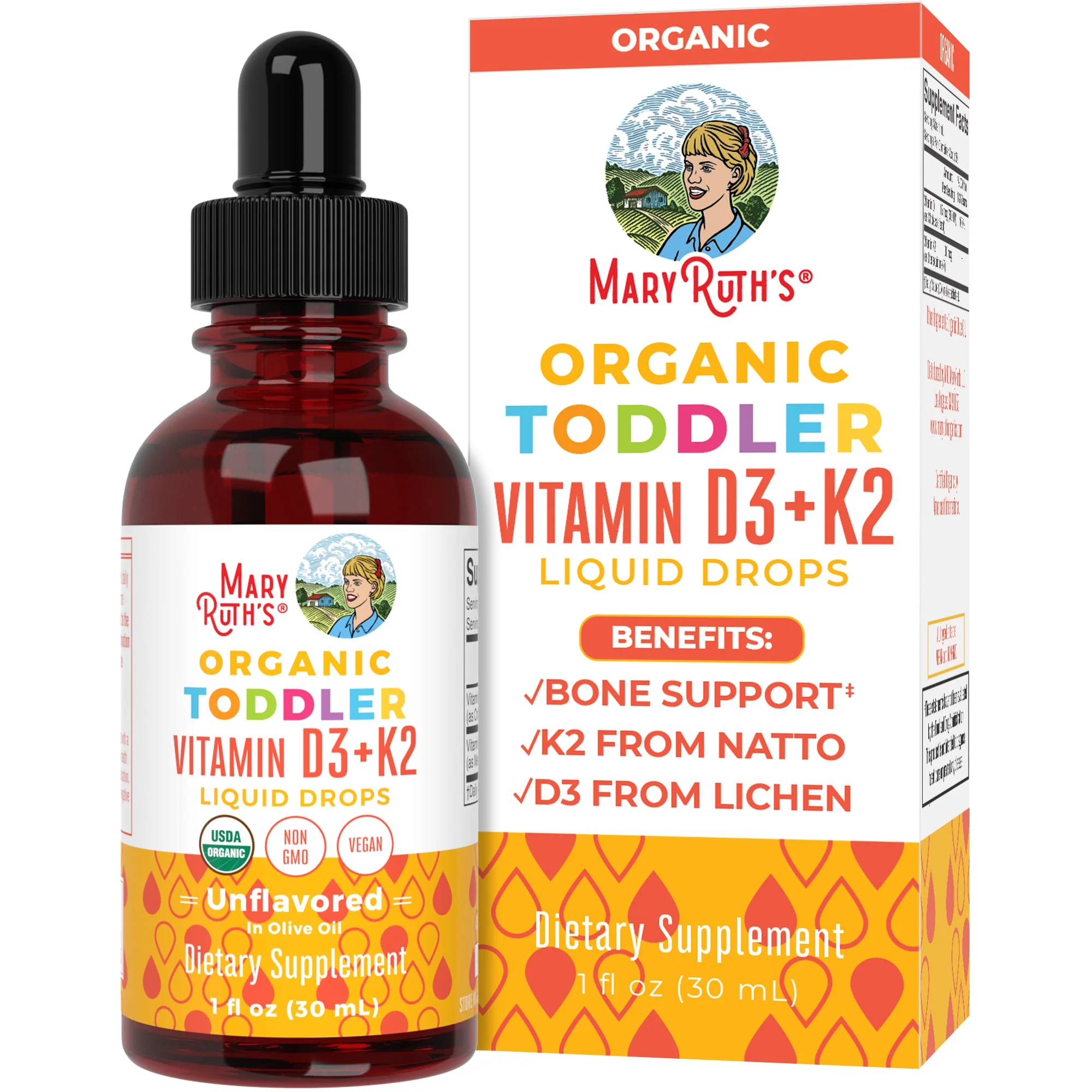 MaryRuth Organics | Vitamin D3+K2 Liquid Drops | Unflavored | Non-GMO, Vegan, Plant-Based | 1 fl oz | Unisex | Overall Wellness |
