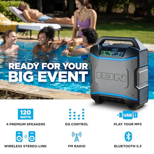 ION Block Rocker - Portable Bluetooth Outdoor Party Speaker with Karaoke Microphone, Battery, 4 Speakers, Radio, USB Port, App, Water-Resistant, 120W