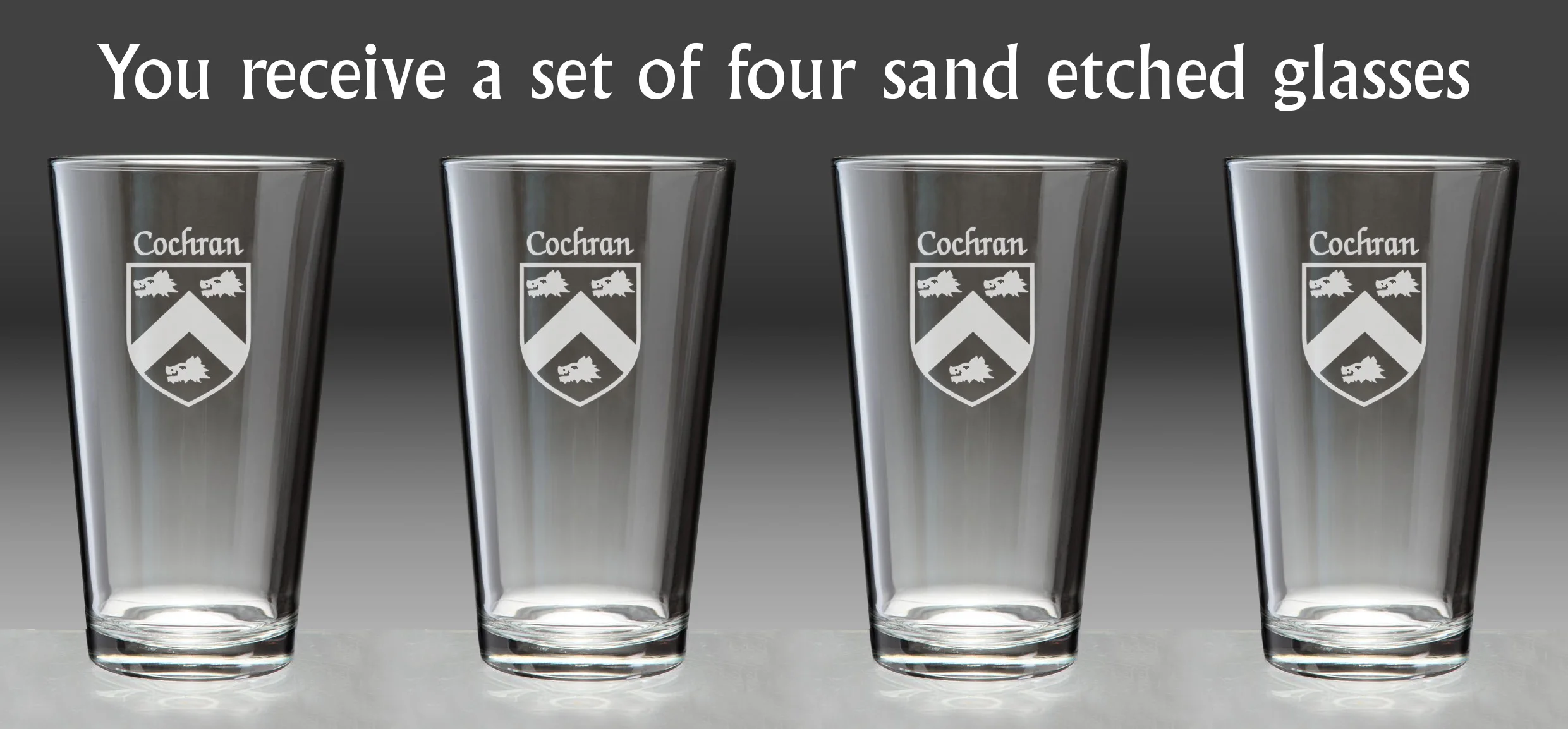 Cochran Irish Coat of Arms Pint Glasses - Set of 4 (Sand Etched)