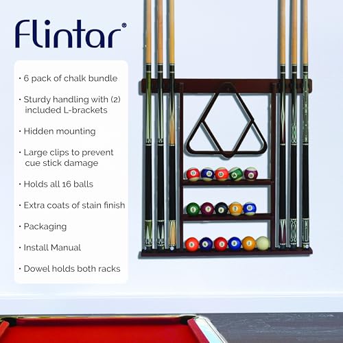Flintar Wall Mount Cue Rack, Billiard Pool Cue Stick holder, Premium Quality Made in TAIWAN, Solid Hardwood, Cue Rack Only