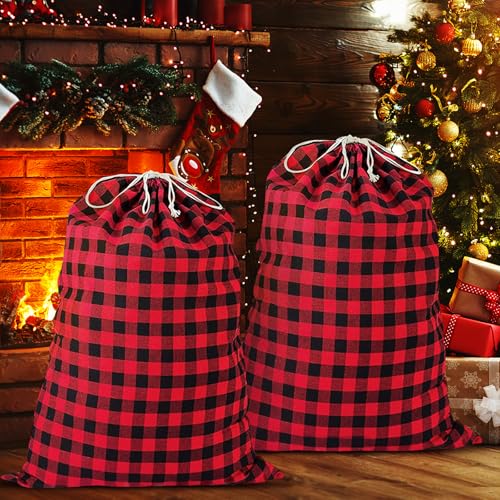 2PCS 35''x55'' Jumbo Christmas Drawstring Gift Bags, Santa Bags Extra Large, Buffalo Plaid Christmas Gift Bags Santa Sack with Drawstring,Heavy Xmas Bags for Xmas Holiday Gift Giving and Party Decor
