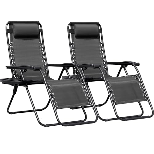 Greesum Zero Gravity Chairs Set of 2 Adjustable Steel Mesh Recliners Beach Deck Lawn Camping Patio Foldable Lounge Chair with Cup Holder Trays and Pillows,Brown
